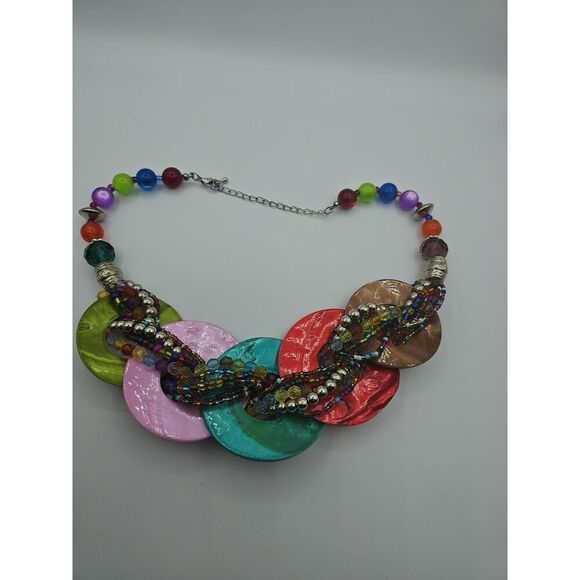 Chunky Disc Circle Hoop Shell Necklace Bib Twist Bead Circle Mother of Pearl 16" - Picture 9 of 10